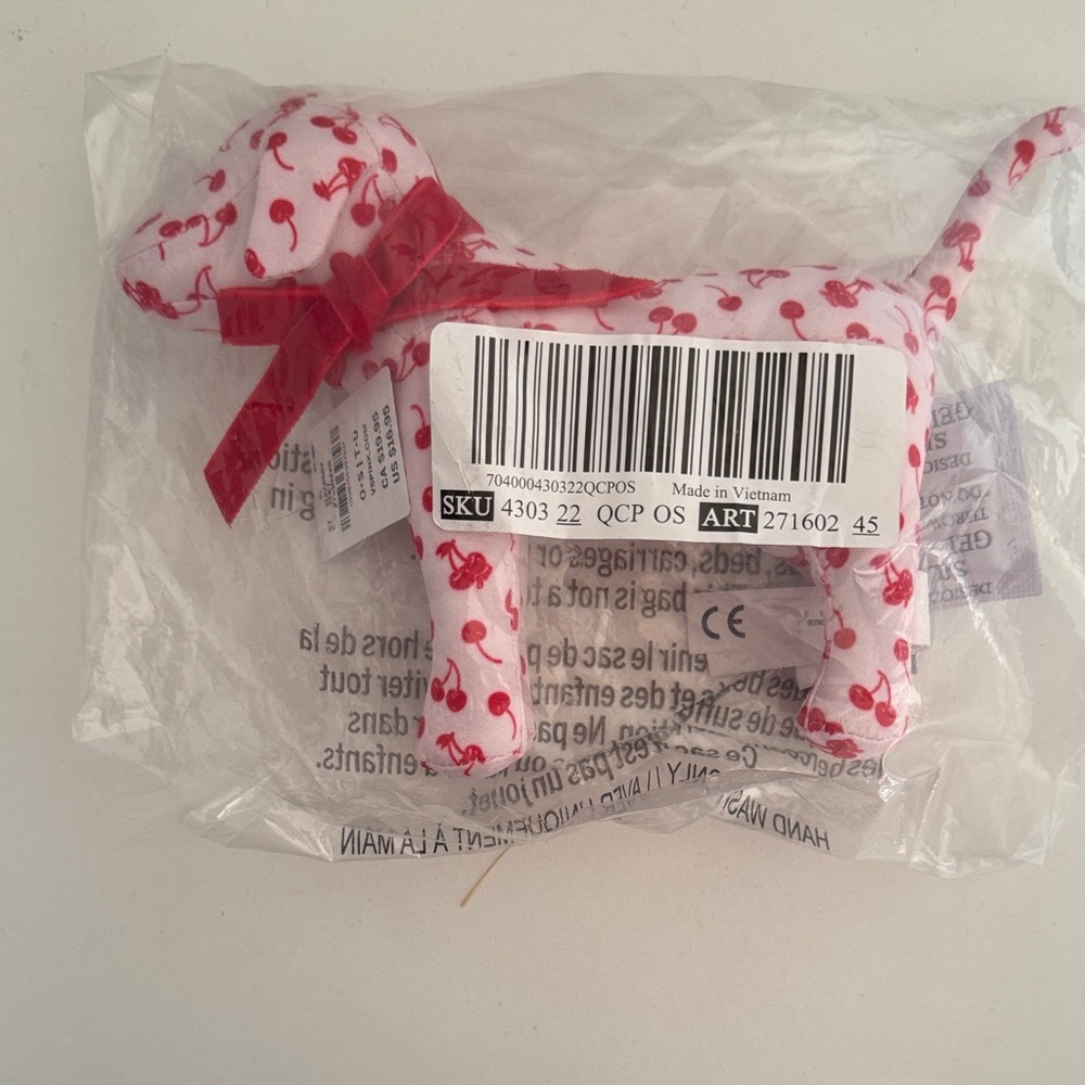 PINK Victoria's Secret White Plush Dog Keychain with Red Cherry Print